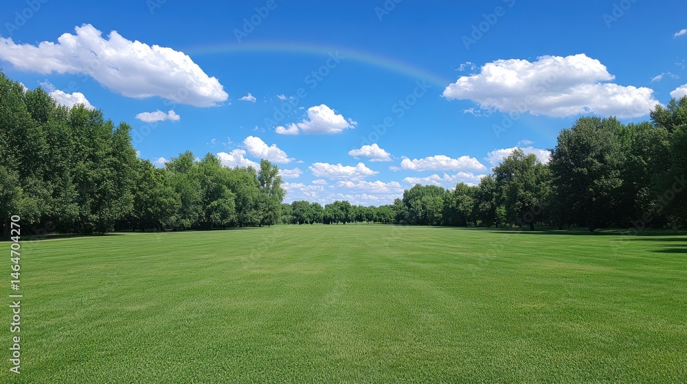 Vast green field landscape with trees and rainbow under blue sky Vast green field landscape with trees and rainbow under blue sky