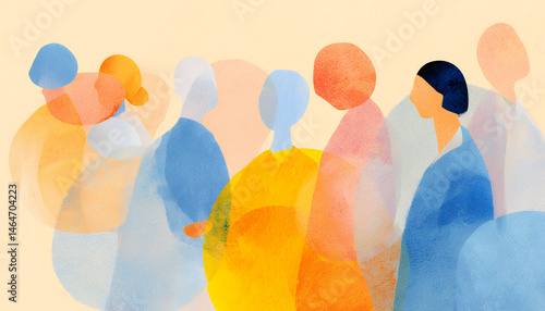 abstract watercolor style illustration of people talking in group with translucent overlapping silhouettes and speech circle shapes, concept art for communication dialogue community and social interac