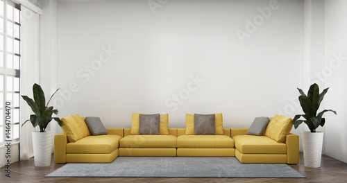 Living room has sofa with mockup and decorated decortion in the white wall background.3d rendering