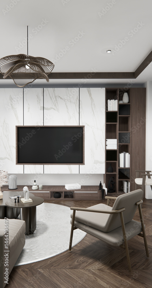 Cabinet wall shelves on empty room with decoration ,lamp, plants, carpet, sofa.3D rendering