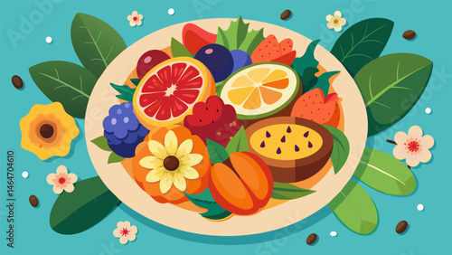 A gorgeous spread of seasonal delights featuring juicy fruits and crunchy nuts arranged on a decorative platter adorned with fresh herbs and flowers.. Vector illustration