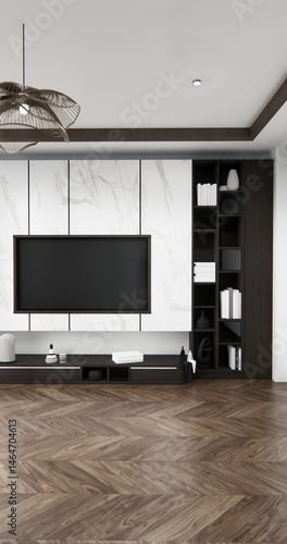 Obraz na płótnie Mock up Tv cabinet in modern empty room japanese minimal designs, 3d rendering w salonie