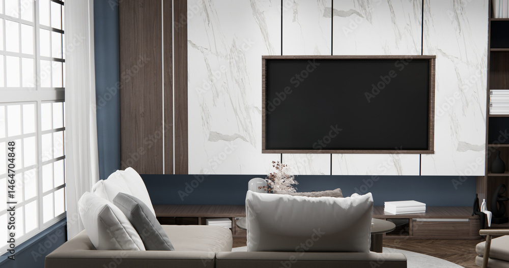 Gray blue wall Living Room Interior Design have sofa modern and decoration. 3D rendering