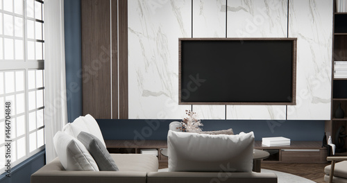 Obraz na płótnie Gray blue wall Living Room Interior Design have sofa modern and decoration. 3D rendering w salonie