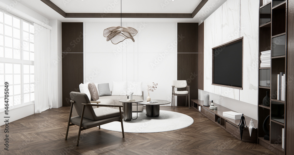 Cabinet wall shelves on empty room with decoration ,lamp, plants, carpet, sofa.3D rendering