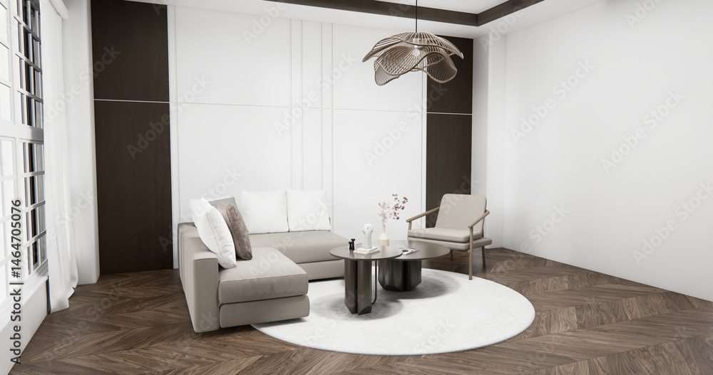 Cabinet wall shelves on empty room with decoration ,lamp, plants, carpet, sofa.3D rendering
