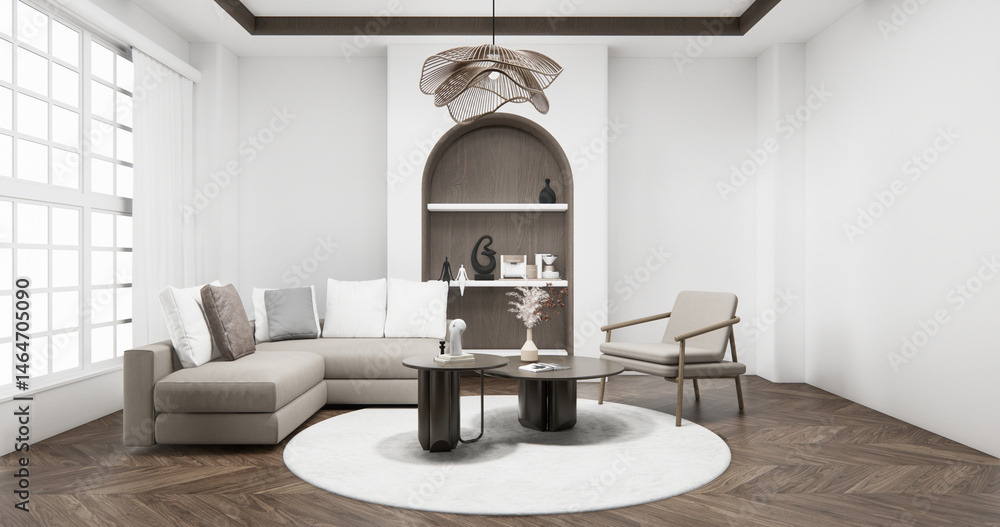 Cabinet wall shelves on empty room with decoration ,lamp, plants, carpet, sofa.3D rendering