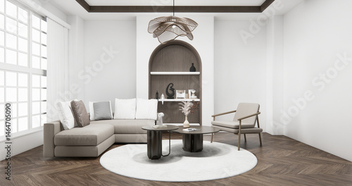 Obraz na płótnie Cabinet wall shelves on empty room with decoration ,lamp, plants, carpet, sofa.3D rendering w salonie