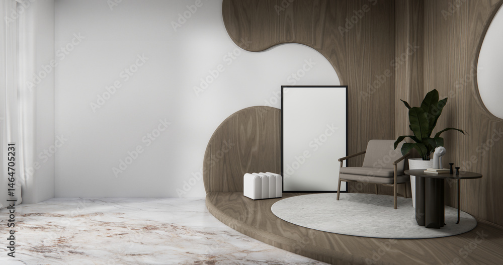 mock up empty living room and art wood panels wall background 3D illustration rendering