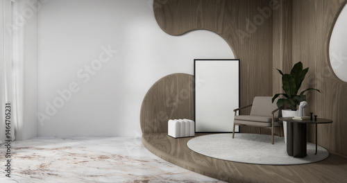 Obraz na płótnie mock up empty living room and art wood panels wall background 3D illustration rendering w salonie