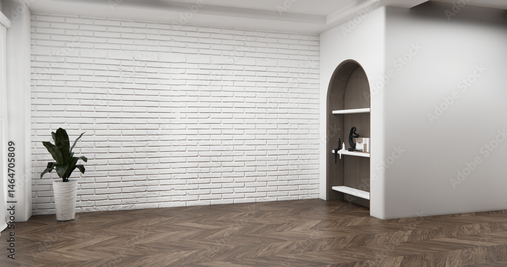 Shelf wall room zen style and decoraion wooden design, earth tone.3D rendering
