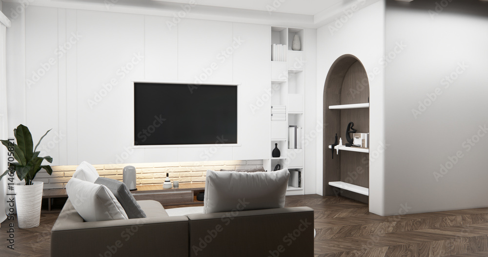 Cabinet wall shelves on empty room with decoration ,lamp, plants, carpet, sofa.3D rendering