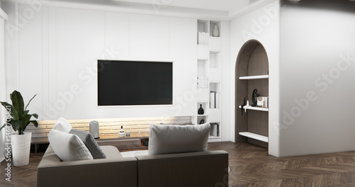 Cabinet wall shelves on empty room with decoration ,lamp, plants, carpet, sofa.3D rendering