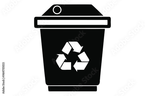 Black disposable cup with recycling emblem illustrates sustainable practices in a minimalist, isolated format
