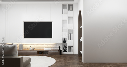 Cabinet wall shelves on empty room with decoration ,lamp, plants, carpet, sofa.3D rendering