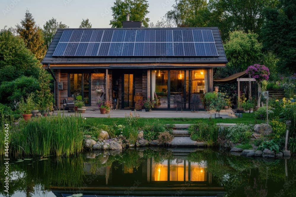 Rustic home with solar panels by a tranquil pond. Rustic home with solar panels by a tranquil pond.