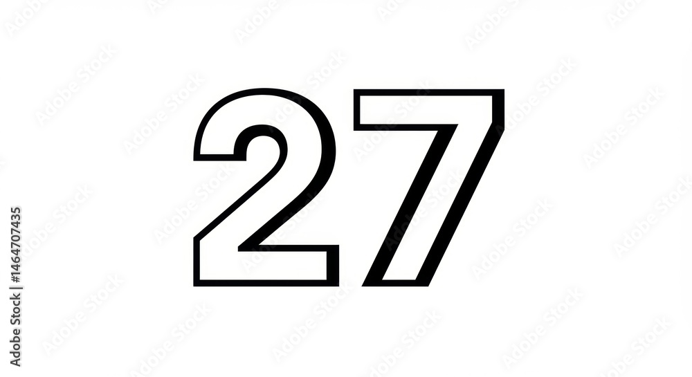 The Number Twenty-Seven in Black Outline on White The Number Twenty-Seven in Black Outline on White