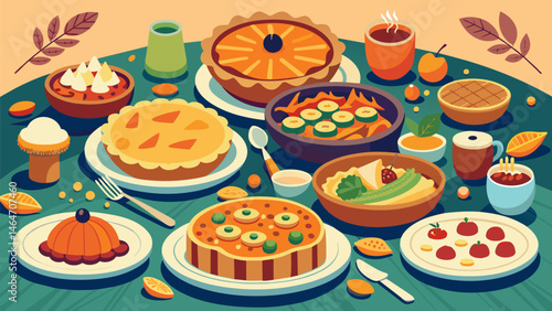 A feast for the senses a table topped with savory pies and quiches boasting a variety of textures flavors and aromas.. Vector illustration