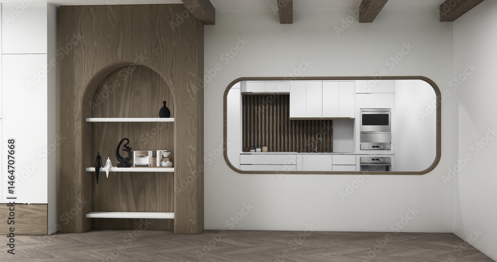 Shelf wall room zen style and decoraion wooden design, earth tone.3D rendering