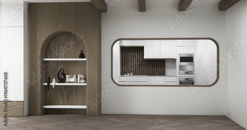 Obraz na płótnie Shelf wall room zen style and decoraion wooden design, earth tone.3D rendering w salonie