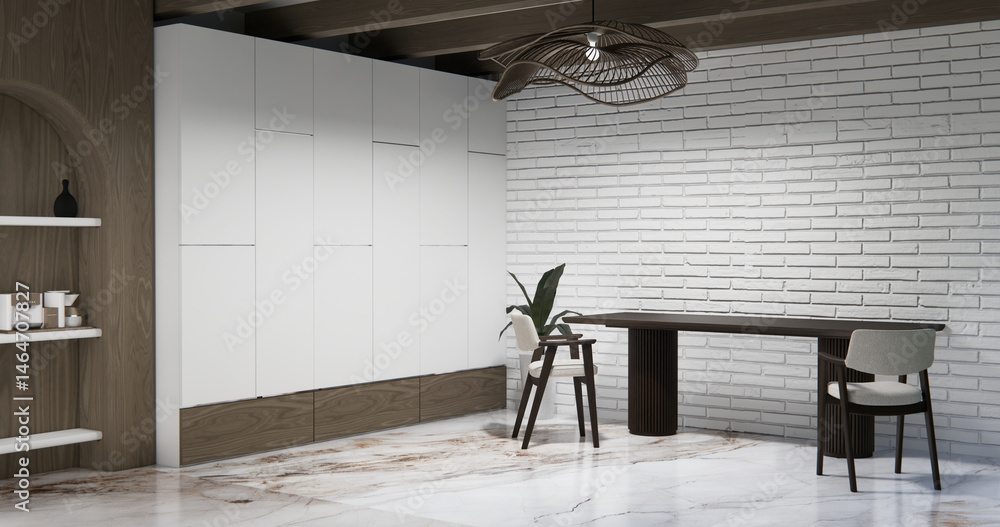 Cabinet wall shelves on empty room with decoration ,lamp, plants, carpet, sofa.3D rendering