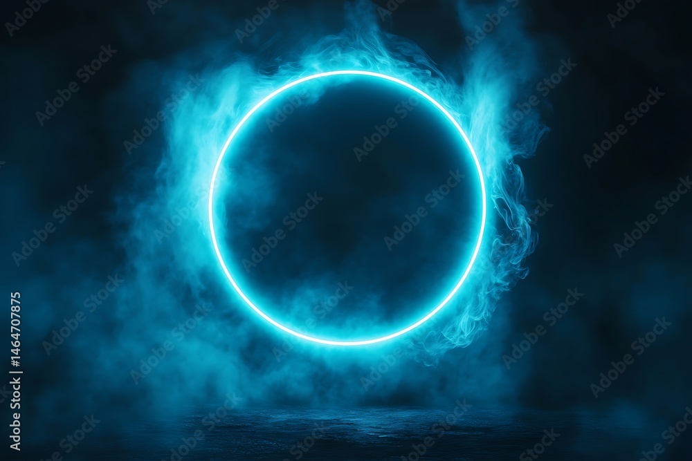 Fototapeta premium Blue neon circle with smoke on a black background. 3d rendering