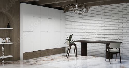 Obraz na płótnie Cabinet wall shelves on empty room with decoration ,lamp, plants, carpet, sofa.3D rendering w salonie