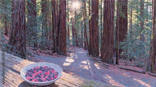 Bowl of red and black berries on redwood log by sunlit path in redwood grove