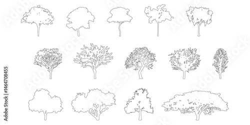 silhouette tree line drawing set, Side view, set of graphics trees elements outline symbol for architecture and landscape design drawing. Vector illustration in stroke fill in white. Tropical