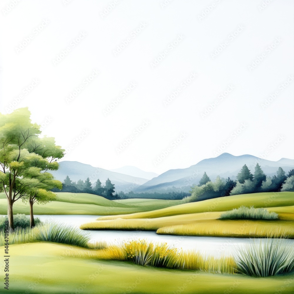 Serene Nature Scene with Trees and Calm River Landscape in Soft Colors