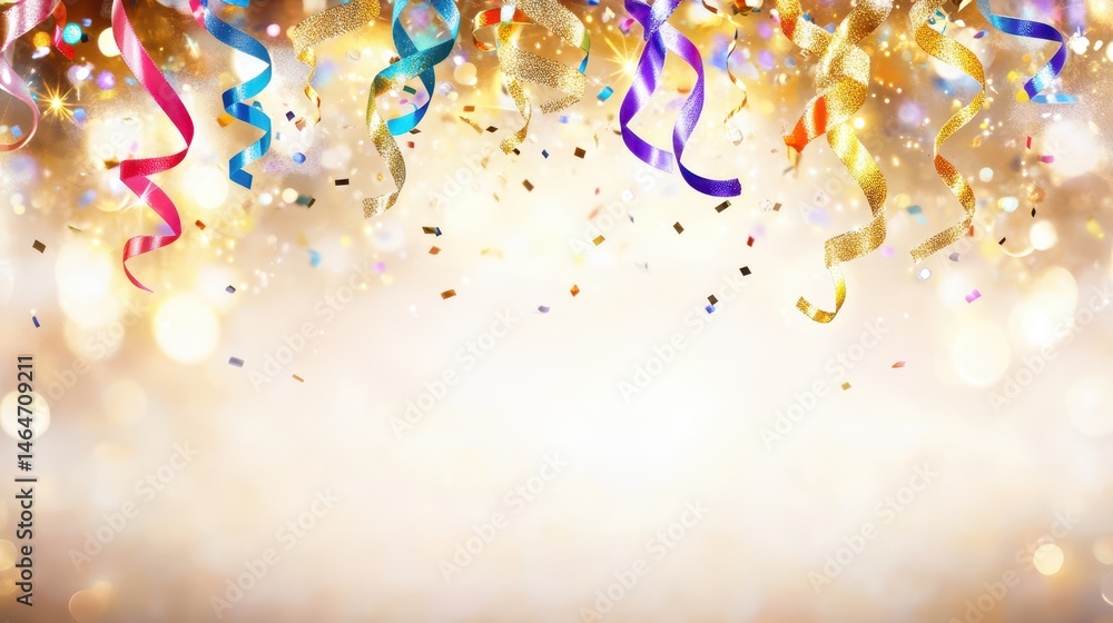 Festive streamers cascade with sparkling confetti, evoking celebration and joy. A perfect backdrop for any festive occasion, brimming with shimmering colors and light.