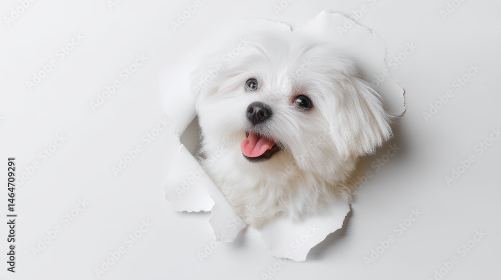 Cute puppy head peeking through torn white paper, soft light enhancing fluffy fur texture. Cute puppy head peeking through torn white paper, soft light enhancing fluffy fur texture.