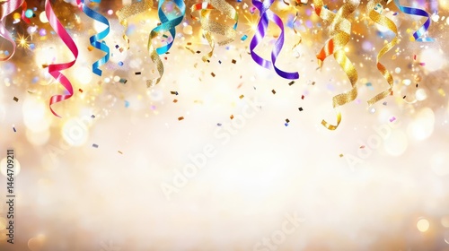 Obraz na płótnie Festive streamers cascade with sparkling confetti, evoking celebration and joy. A perfect backdrop for any festive occasion, brimming with shimmering colors and light. w salonie