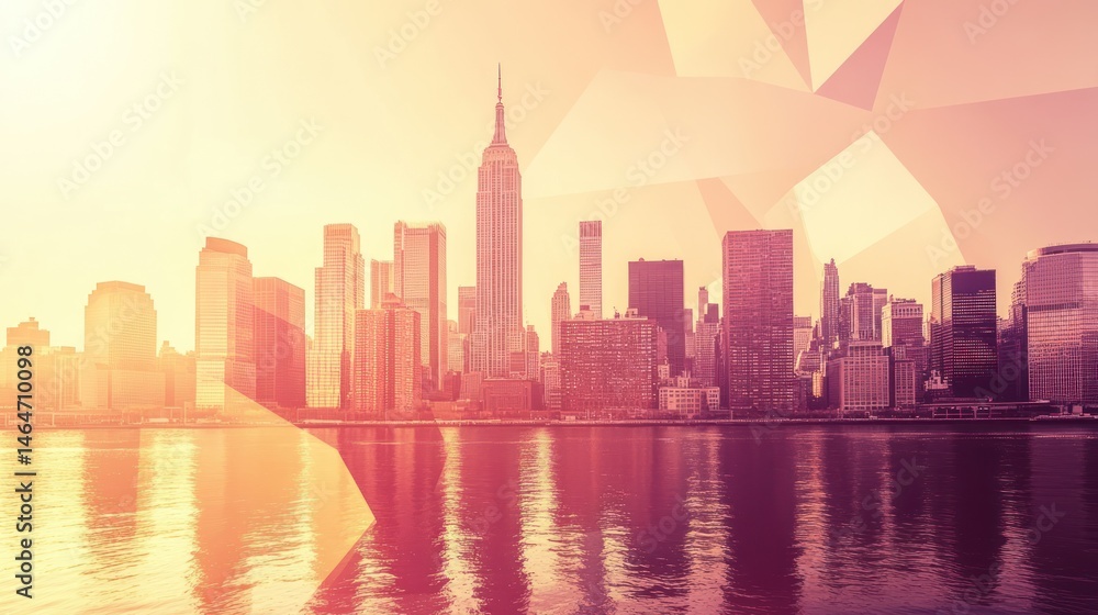 Obraz premium Geometric cityscape sunset view over a waterfront.