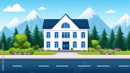 Obraz na płótnie Charming White House Among Scenic Mountains and Lush Greenery w salonie
