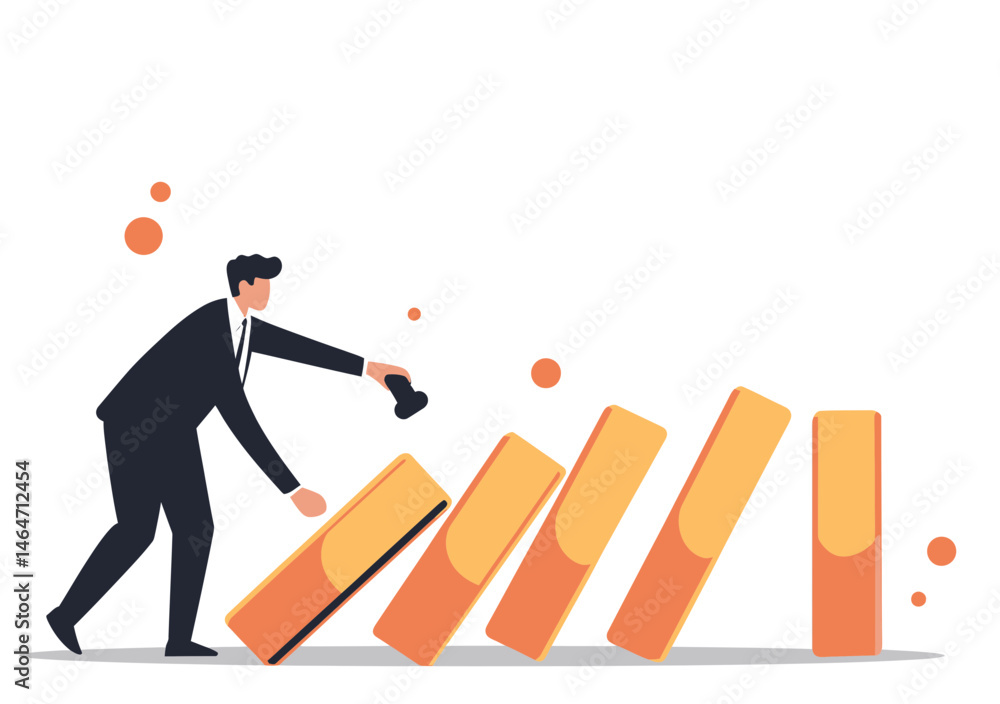 Businessman stopping falling domino effect with hand to prevent chain reaction collapse and maintain stability risk management concept vector illustration Businessman stopping falling domino effect with hand to prevent chain reaction collapse and maintain stability risk management concept vector illustration