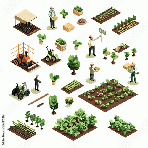 Isometric Farming Agricultural Equipment Tractor Crop Field Cultivation Workers Harvest Plants Minimalist Vector Illustration