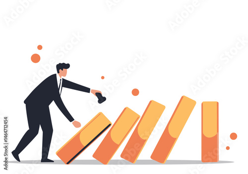 Businessman stopping falling domino effect with hand to prevent chain reaction collapse and maintain stability risk management concept vector illustration