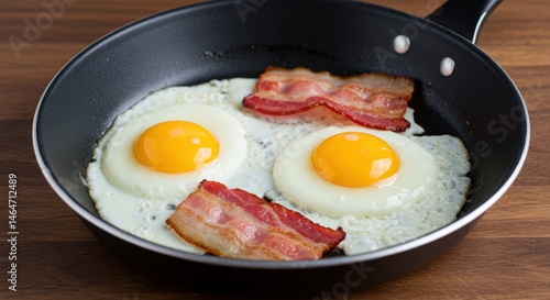 Fried eggs with bacon in pan