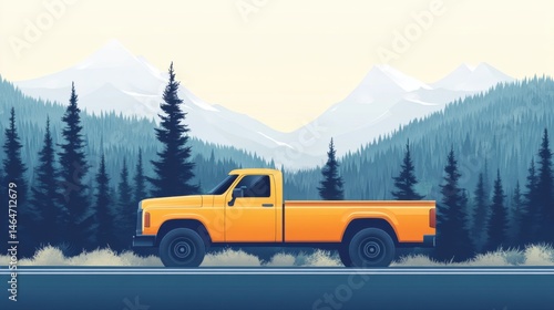 Vintage Yellow Pickup Truck Amidst Serene Mountains and Pine Trees