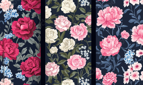 Seamless floral pattern set with red, white, and pink peonies and roses combined with delicate blue and white fillers on dark background for wallpaper and textile design