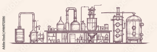 Vintage distillation apparatus sketch for alcohol ethanol production with flasks, pipes, columns, and tanks in flat minimalist style vector illustration