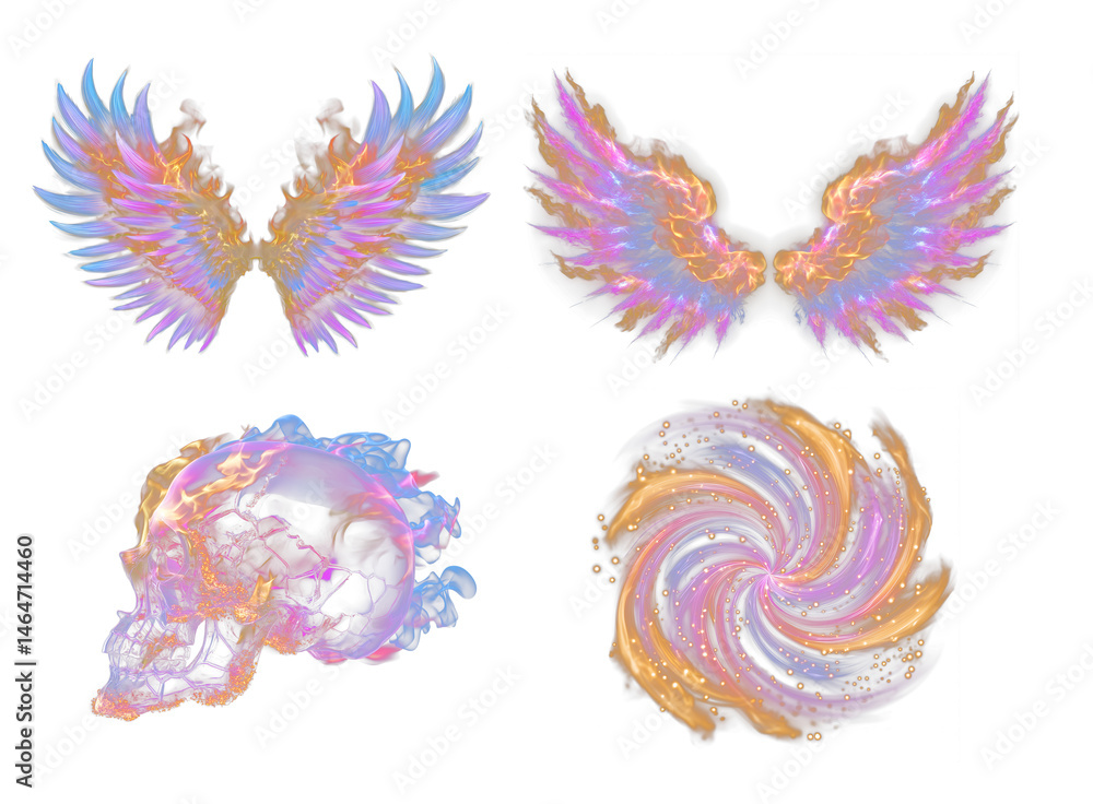 Glowing fantasy fire wings, flaming skull, and spiral vortex in vibrant pink, blue, and gold tones on black background, perfect for sci-fi, mystical art, Halloween themes, or fantasy design elements Glowing fantasy fire wings, flaming skull, and spiral vortex in vibrant pink, blue, and gold tones on black background, perfect for sci-fi, mystical art, Halloween themes, or fantasy design elements
