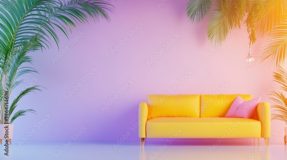 Serene Living Space: A vibrant yellow sofa is framed by lush green foliage, creating a tropical oasis for relaxation and comfort, complemented by soft, colorful lighting and a minimalist design.