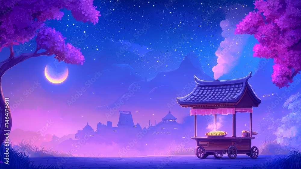 Serene Night Scene With Traditional Food Cart Under Starry Sky Surrounded By Blossoming Pink Trees Serene Night Scene With Traditional Food Cart Under Starry Sky Surrounded By Blossoming Pink Trees