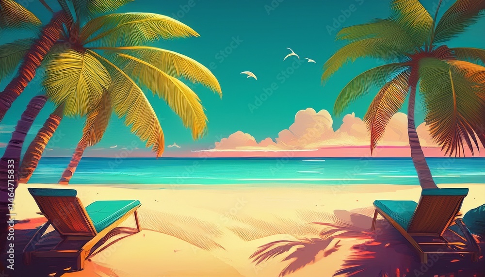 Obraz premium tropical beach scene with palm trees and chairs