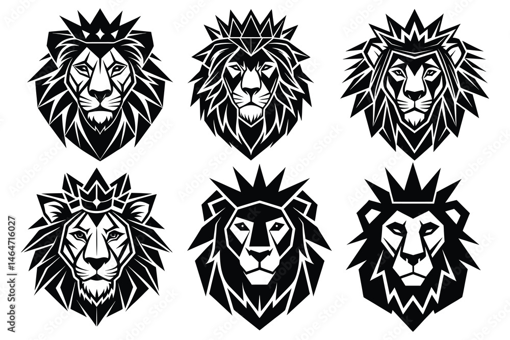 Obraz premium Polygonal Crowned Lion Faces, Sharp Line Vector Style 