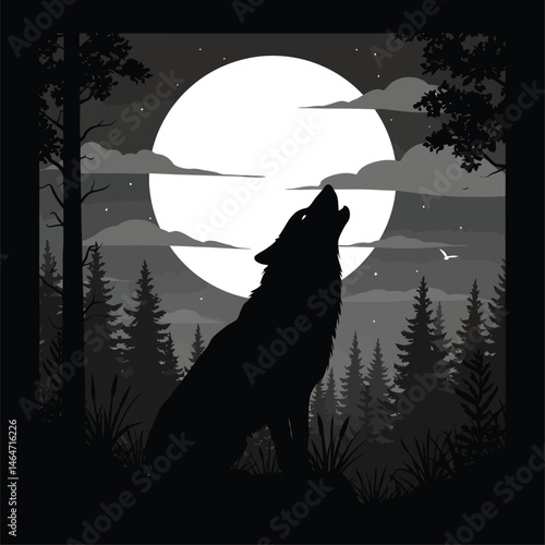 Wolf Howling at Moon Silhouette Black Vector