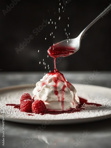 A dramatic shot capturing the moment a spoon breaks into the crisp meringue shell of a rosewater pavlova, revealing the luscious, flowing raspberry compote within.