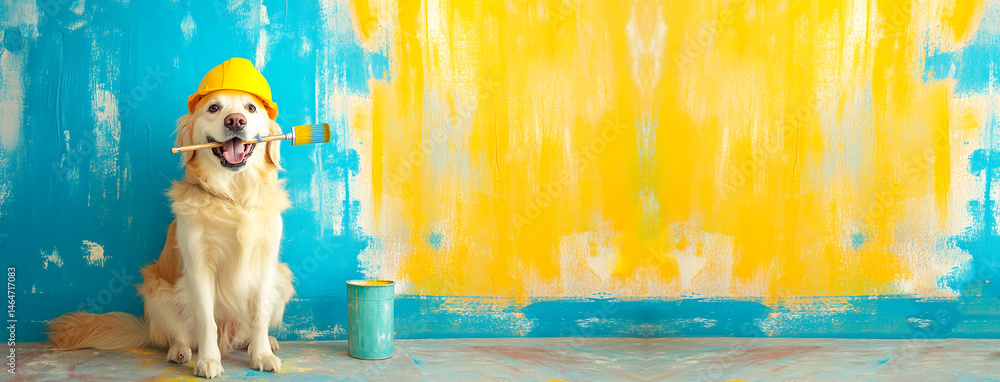 Labrador dog with a helmet and paintbrush on a yellow and blue background. Playful Labrador holding a brush, ready to paint. Yellow and blue backdrop